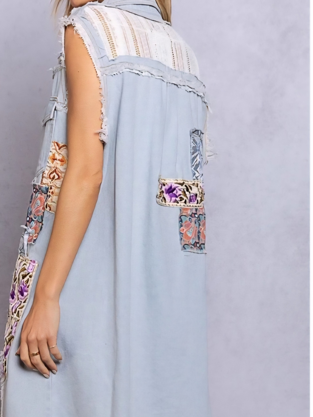 Boho Patchwork Light Wash Denim Vest Size Large - Picture 3 of 5